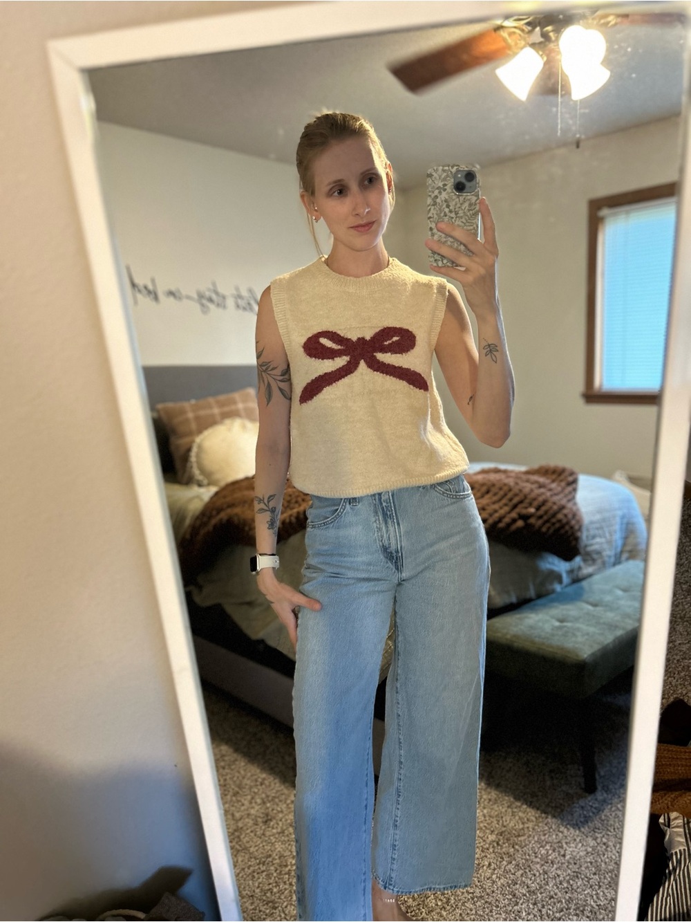 Cream Women's Sweater with Burgundy Bow Motif